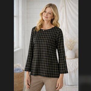 J. Jill Ponte Tunic LP Petite Black Camel Windowpane Plaid Button Sleeves NWT